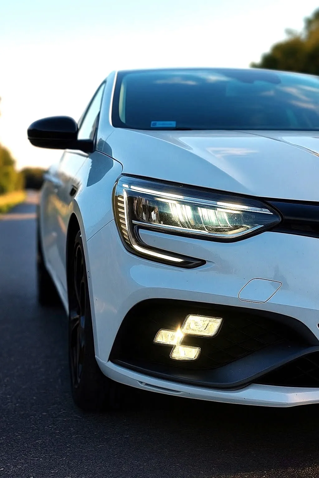 Białe Renault Megane z włączonymi światłami LED o zmierzchu, lakier po zabezpieczeniu powłoką